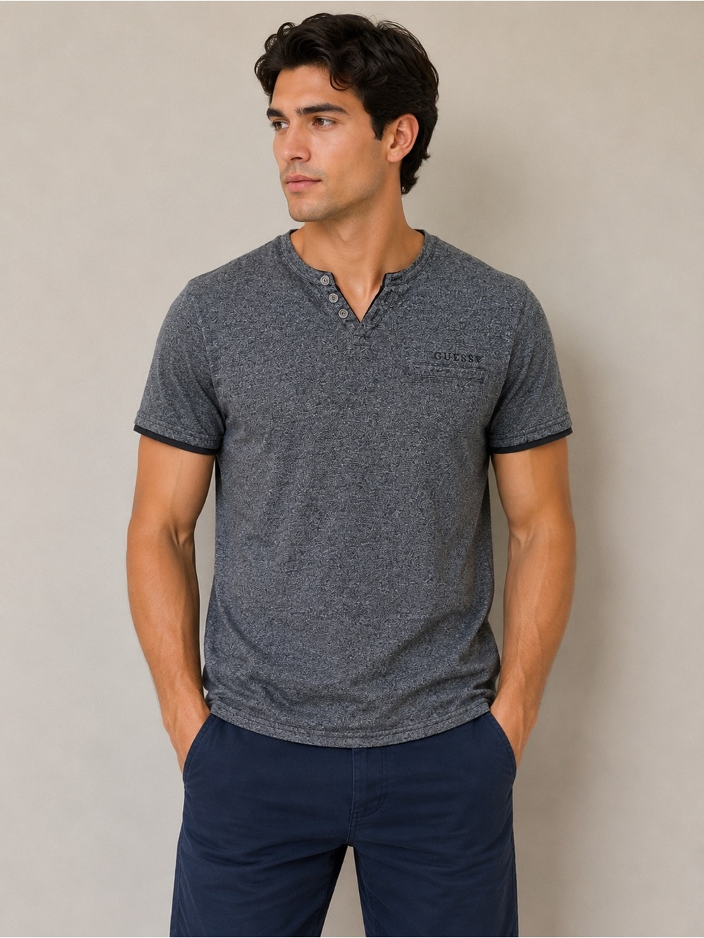 Guess Men’s Gray Heather Henley T-Shirt Size Large Casual Short Sleeve Tee